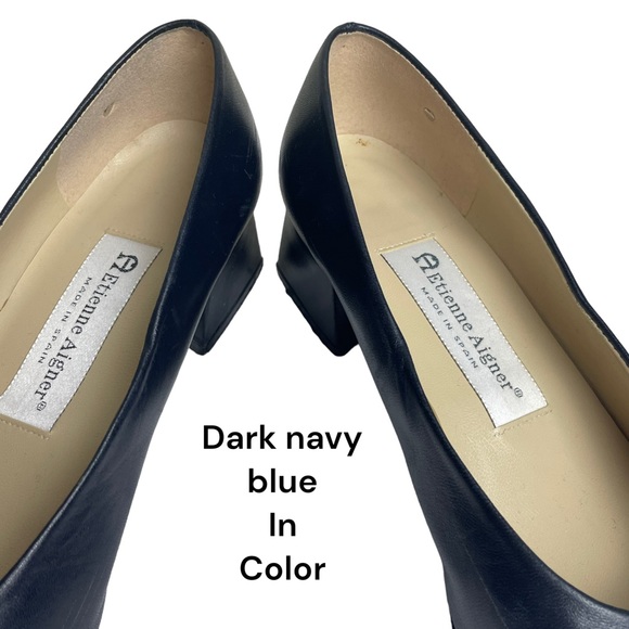 ETIENNE AIGNER Sarah Dark Navy Squared Toe Leather Low Heel Pumps - Size 7 M - Picture 2 of 16